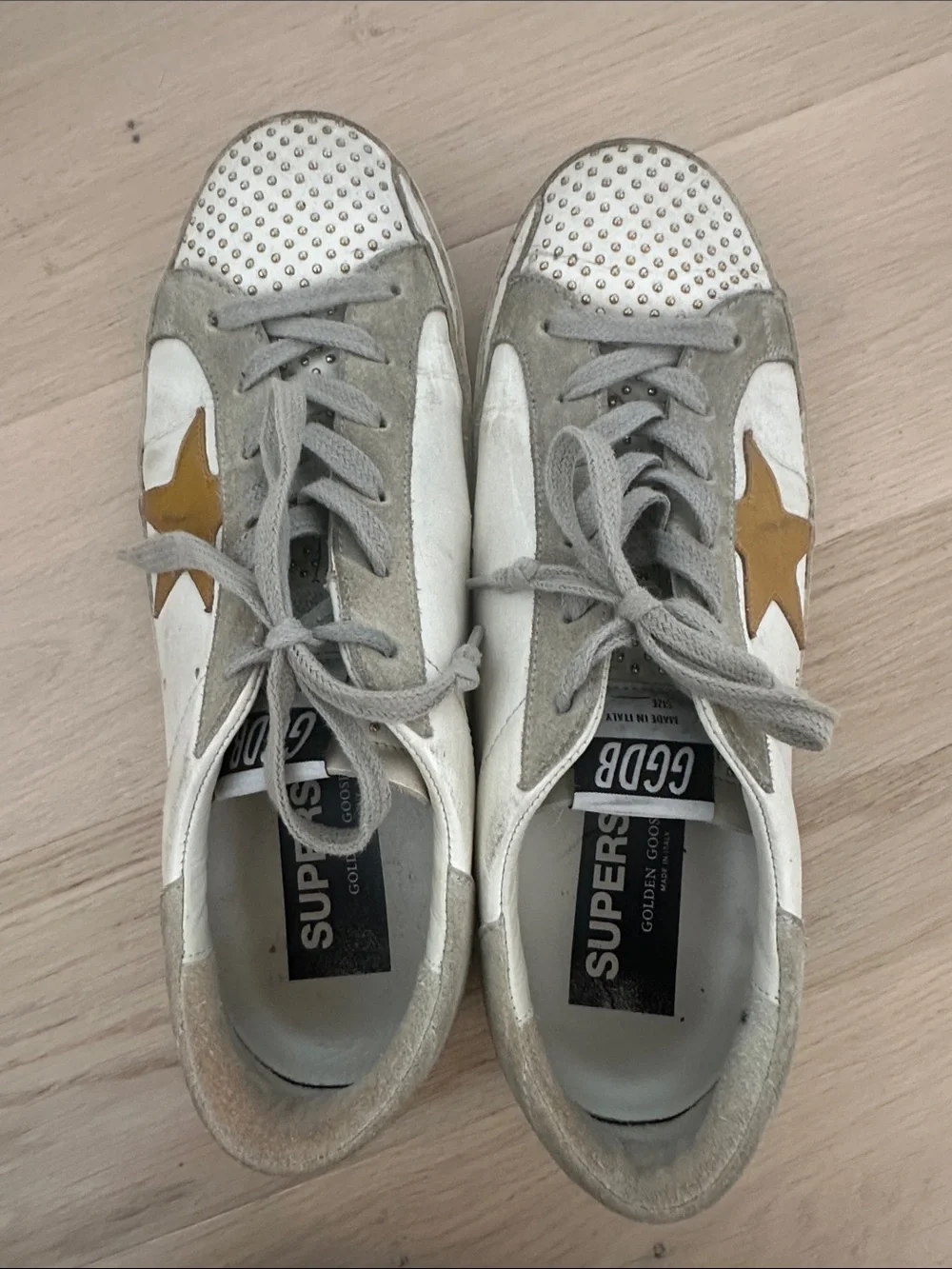 Golden Goose White, Gray & Gold Star Studded Sneakers - Picture 5 of 9